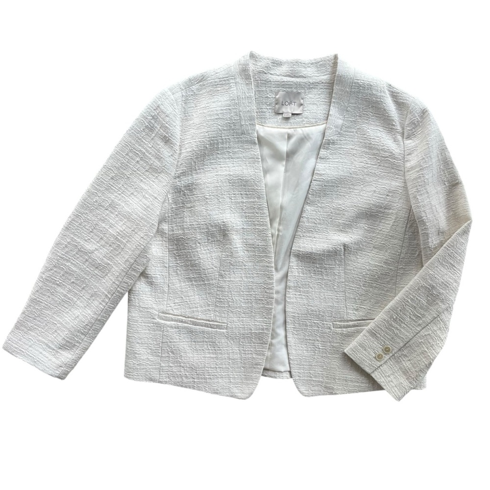 Ann Taylor Loft Women XL Cream Textured Woven Open Front Long Sleeve Blazer Chic